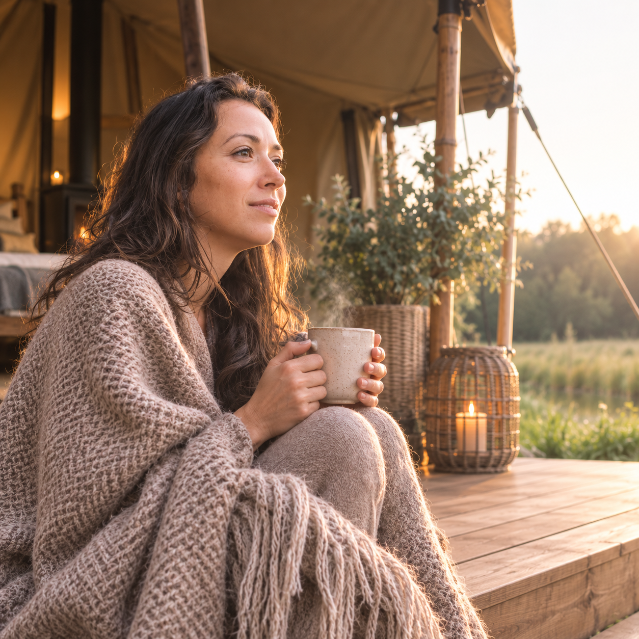 Guest wrapped in a blanket beside the lake at Feel the Shift