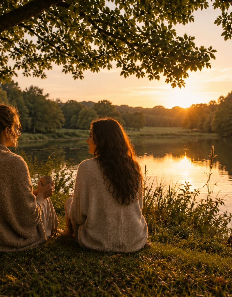 Two friends sitting by the lake at golden hour at The Shift Retreats
