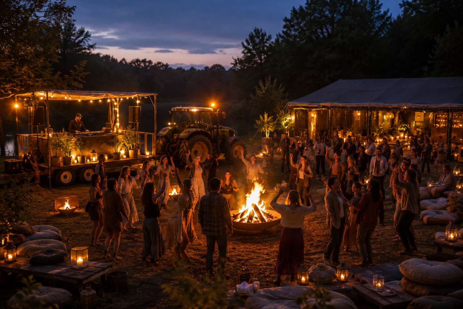 People dancing around a campfire at The Shift celebration
